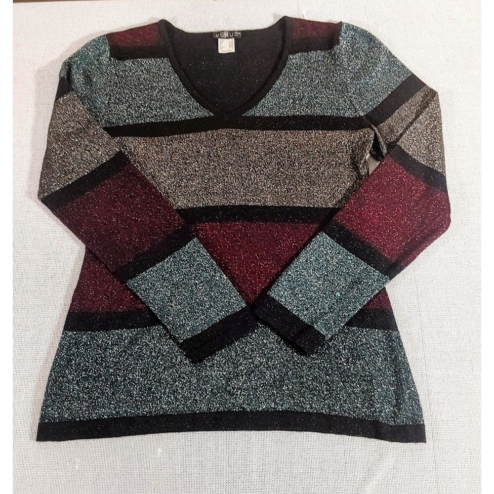 Venus Metallic Striped Sweater Womens Small Multicolor V-Neck Long Sleeve - Picture 4 of 11